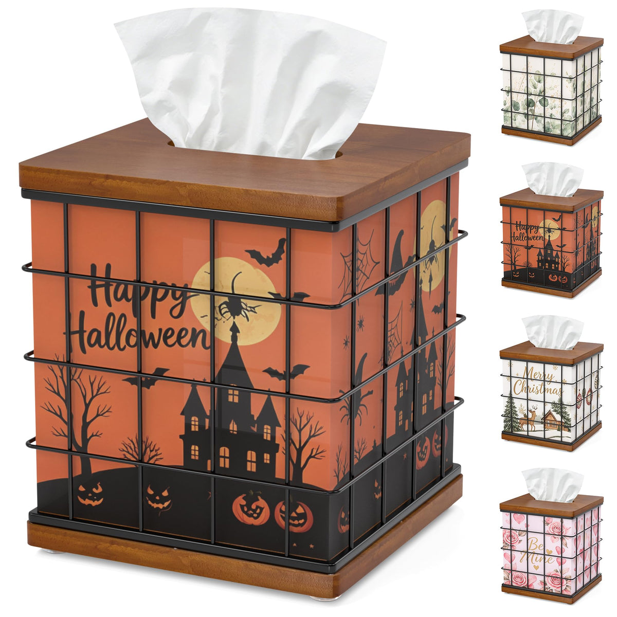 Tissue Box Cover Square Oak Wood & Metal, 4 Seasonal Panels Magnetic Bottom