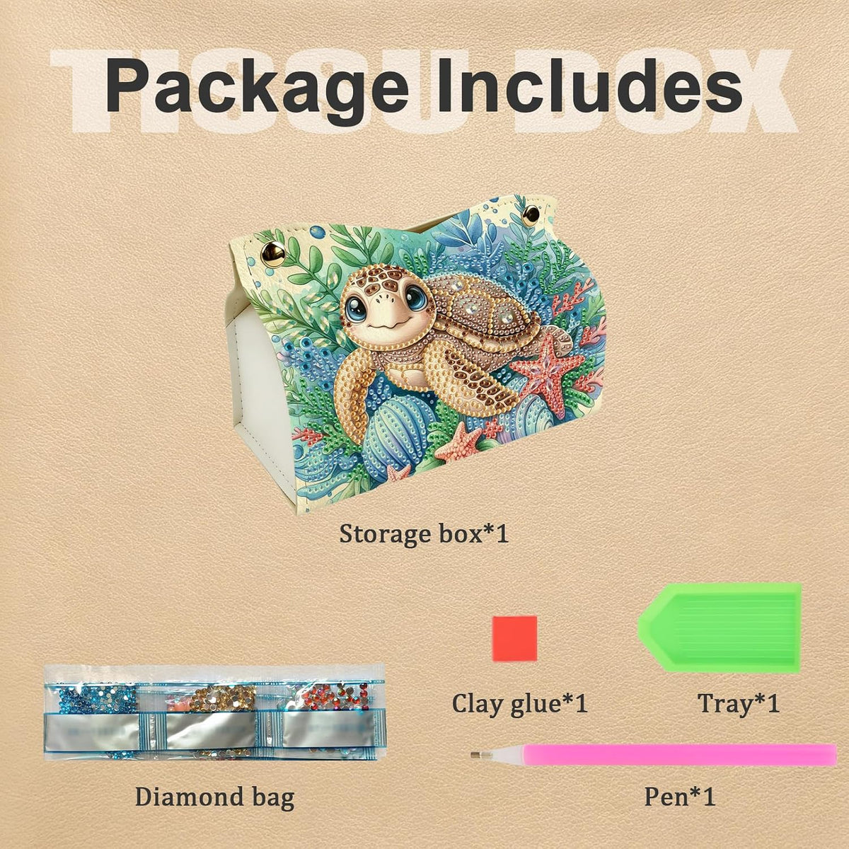 DIY Diamond Art Tissue Box Holder Kit, PU Leather Diamond Painting Folded Facial Tissue Holder, Crystal Art Storage Box Organizer for Home Office Desktop Decor (Sea Turtle)