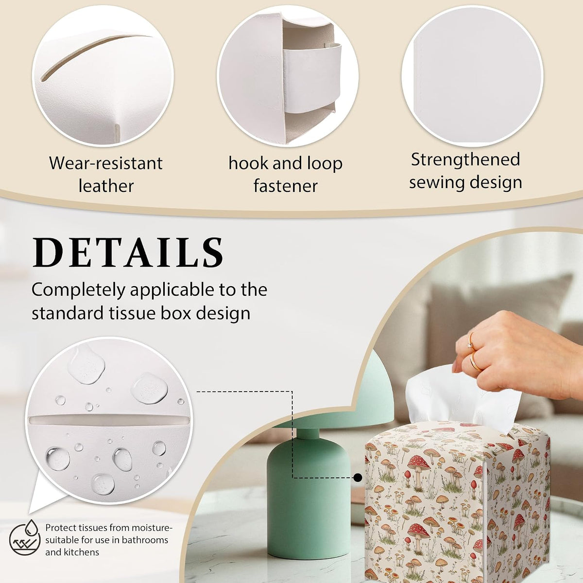 Forest Mushrooms Pattern Tissue Box Cover, Plants Design Leather Tissue Box Holder-Waterproof, Desktop Decor for Living Room Bedroom Nightstand Office, Gift for Women & Friend-A16