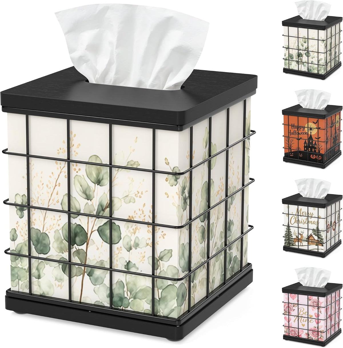 Tissue Box Cover Square Oak Wood & Metal, 4 Seasonal Panels Magnetic Bottom