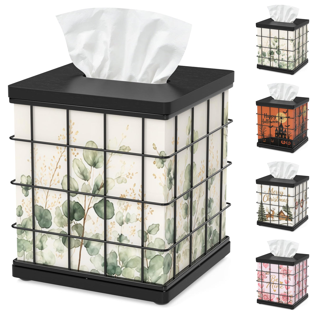 Tissue Box Cover Square Oak Wood & Metal, 4 Seasonal Panels Magnetic Bottom