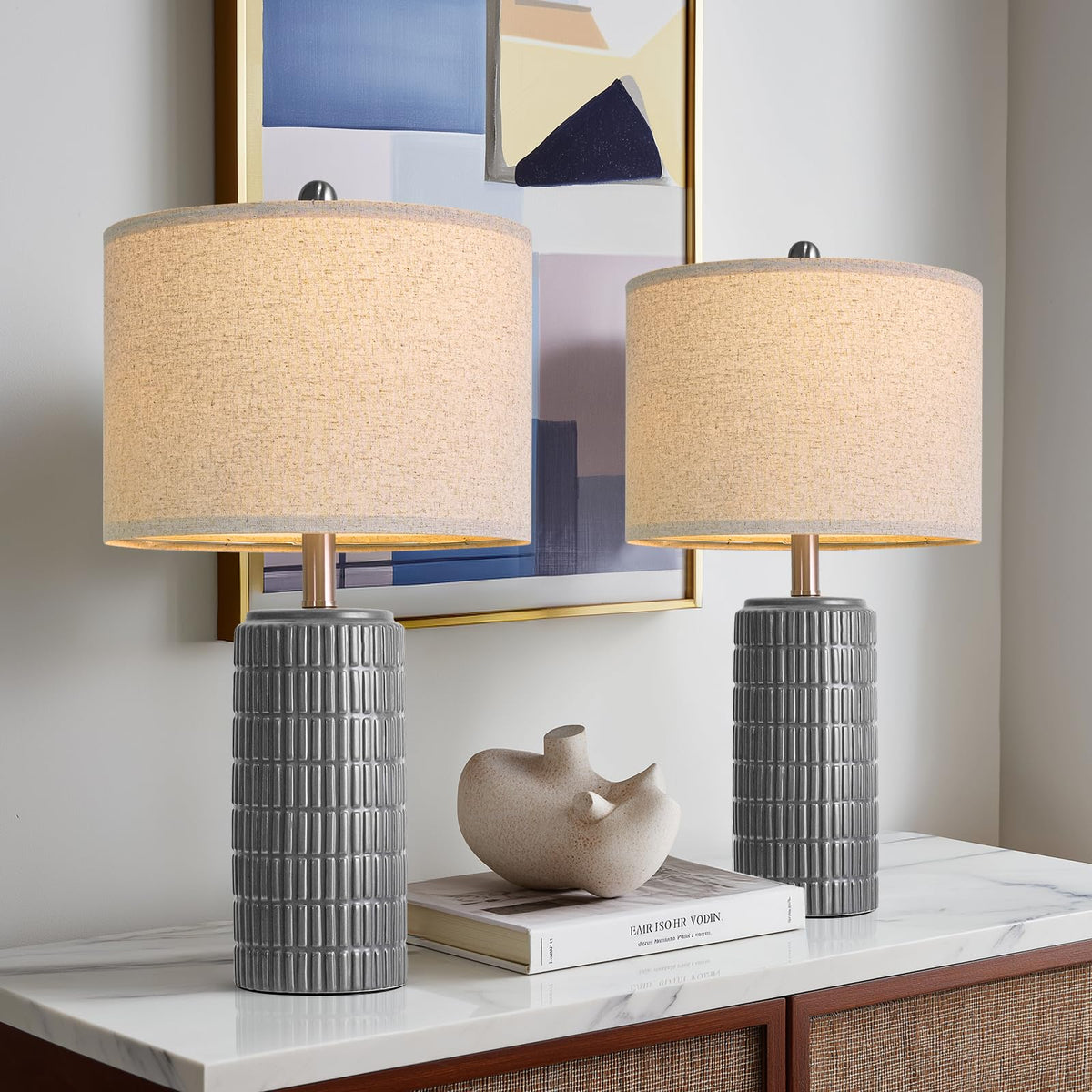 PoKat 23'' Bedside Table Lamp for Bedroom Nightstands, Modern Ceramic Decor