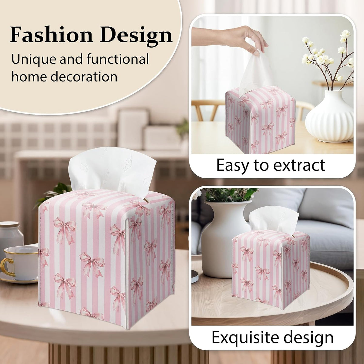 Pink Bow Stripes Tissue Box Cover, Cute Preppy Leather Tissue Box-Waterproof, Aesthetic Home Decor for Desktop Living Room Vanity Office, Gift Idea for Women & Friend, 5 x 5 Inches-A14