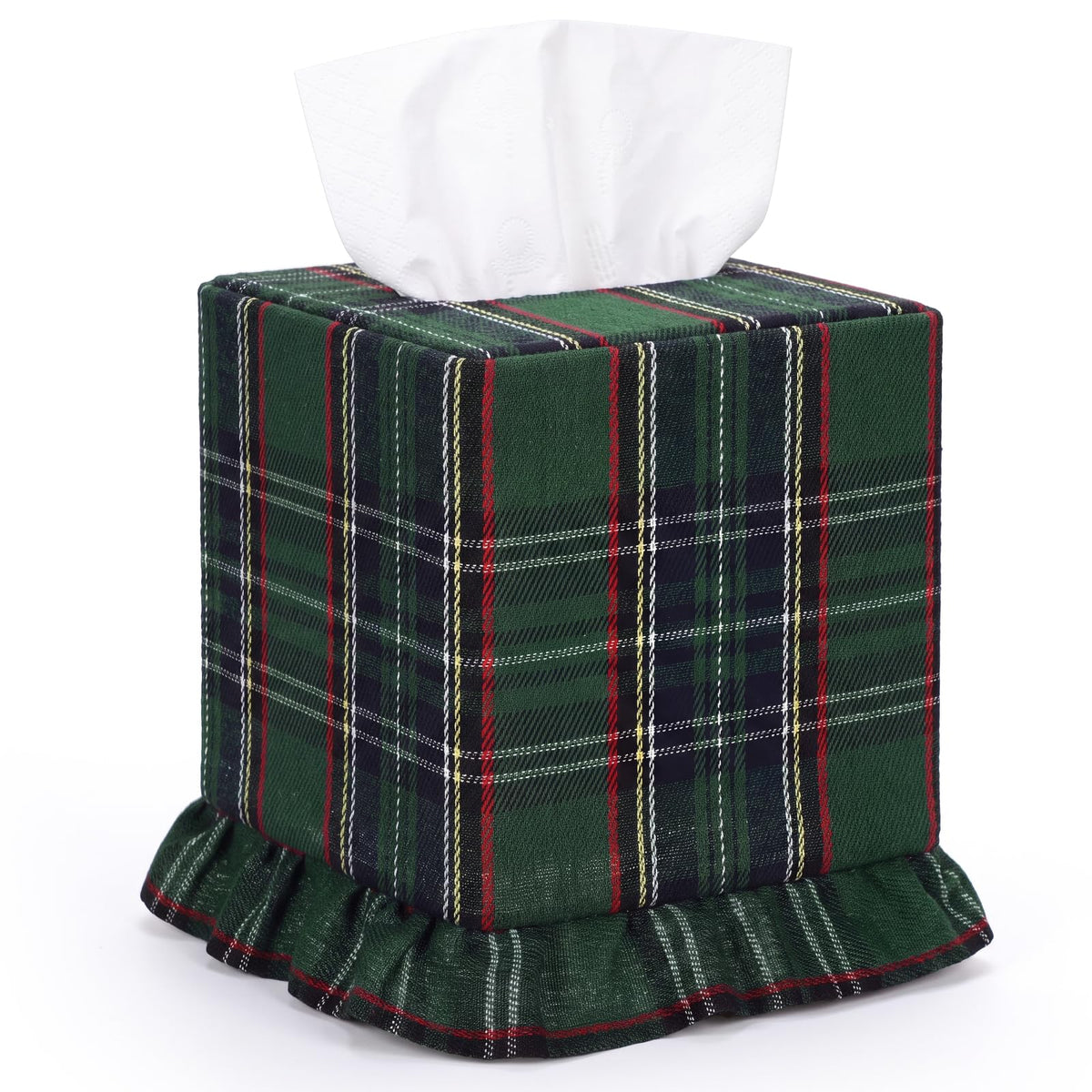Sawysine Green Striped Fabric Tissue Box Cover, Square Ruffled Farmhouse