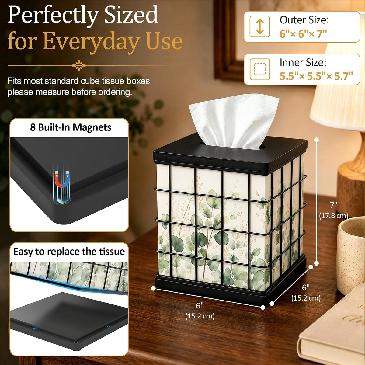 Tissue Box Cover Square Oak Wood & Metal, 4 Seasonal Panels Magnetic Bottom