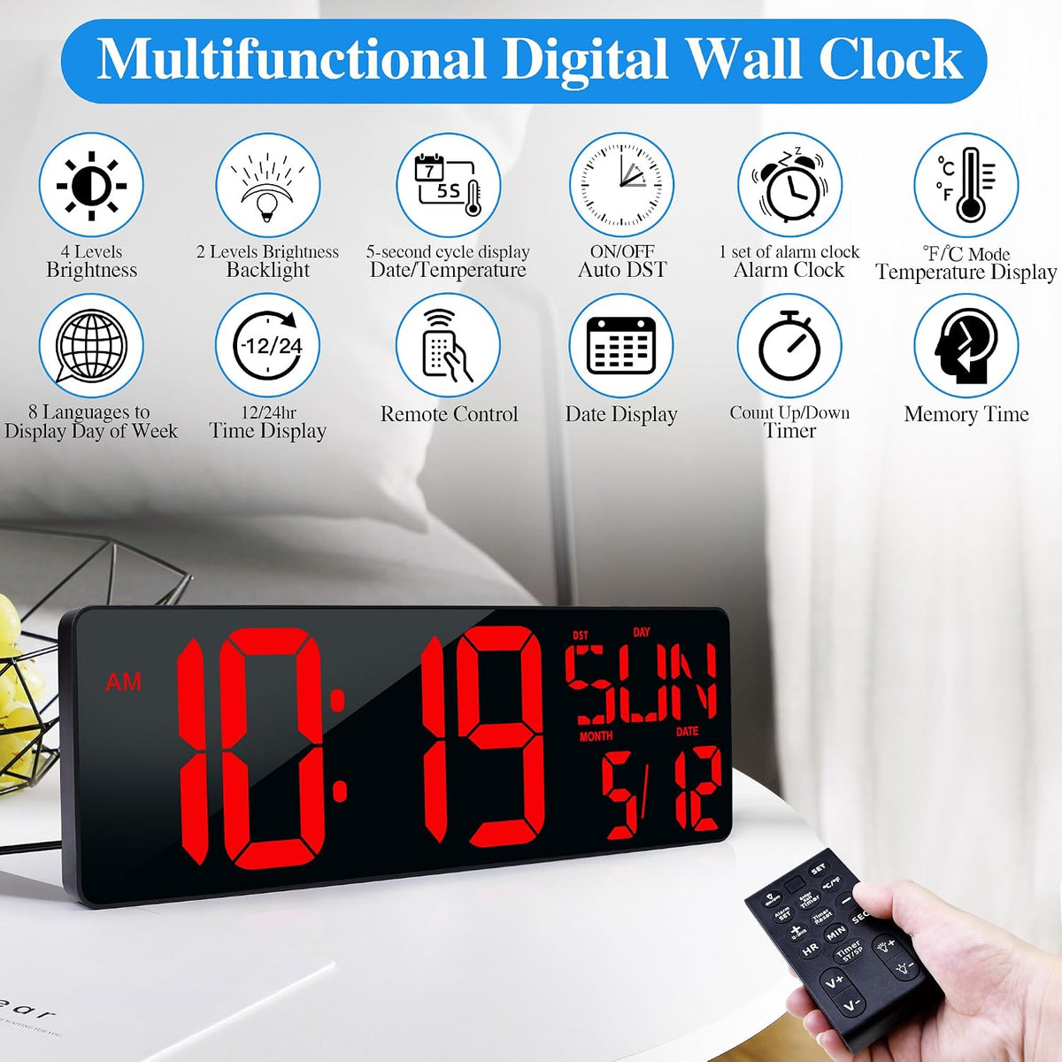 17.2"Large Digital Wall Clock Large Display with Remote Control 180°Visible