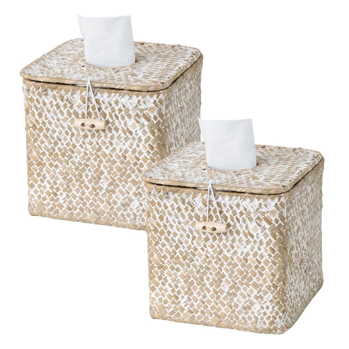 Seagrass Tissue Box Cover Square, Woven Wicker Tissue Box Holder, Whitewash