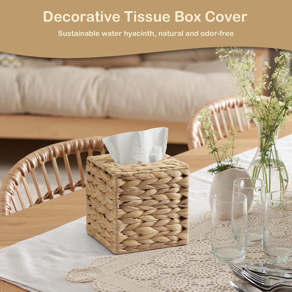 Tissue Box Cover Square, Water Hyacinth Hand-Woven Tissues Cube Box Holder, Woven Facial Tissue Holder for Bathroom Counter, Vanity, Bedroom, Office, Natural Boho Decorative