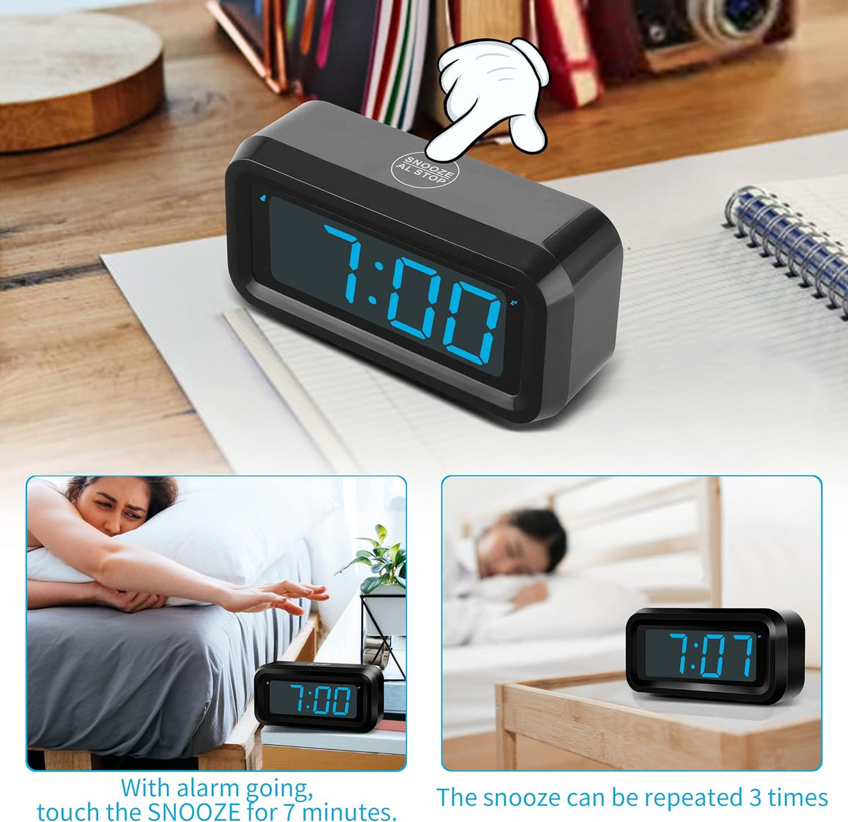 Alarm Clock,1.2'' LED,Cordless,Battery Powered,Snooze,Table-top/Wall-mount
