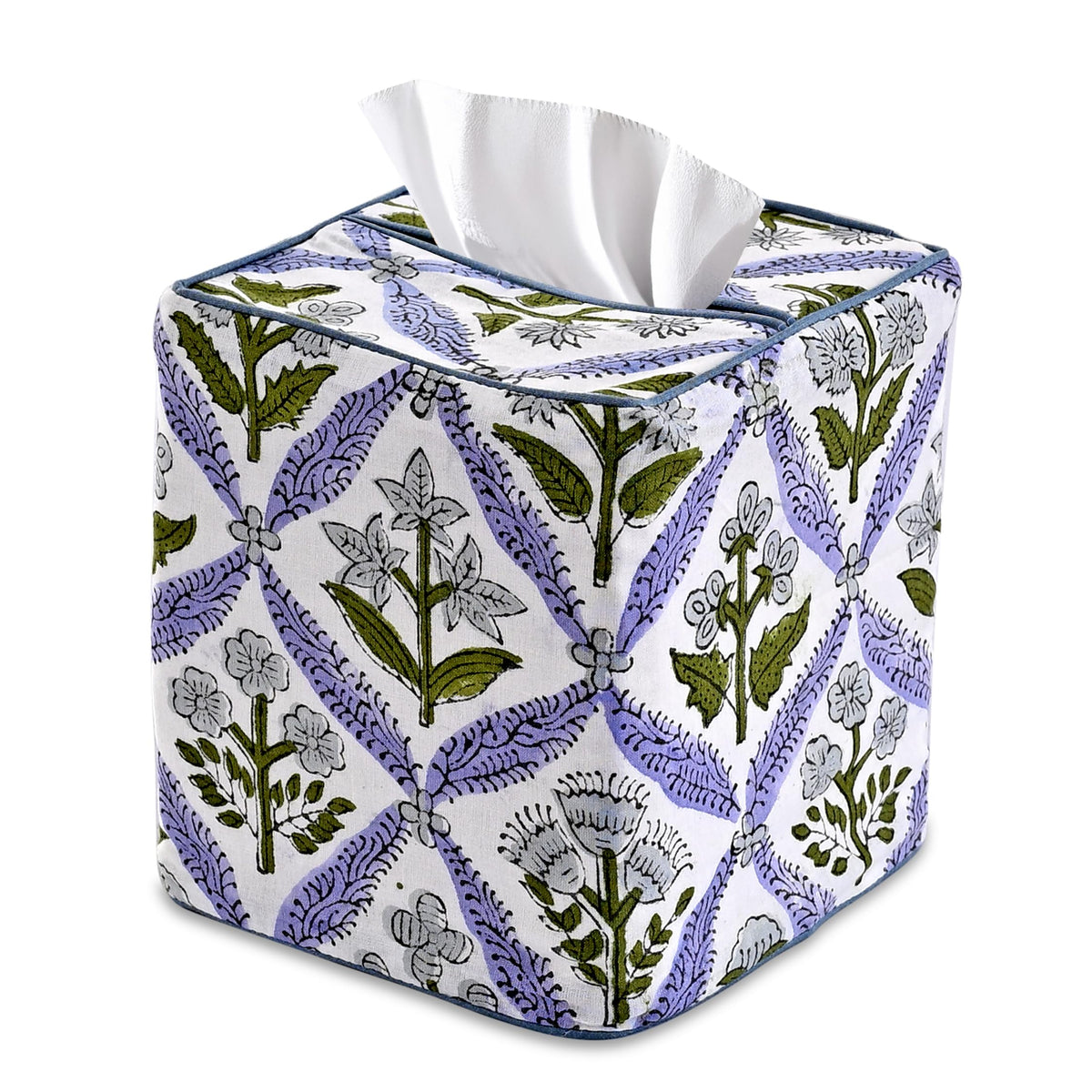 Ridhi Block Print 100% Cotton Square Tissue Box Cover Basil Green