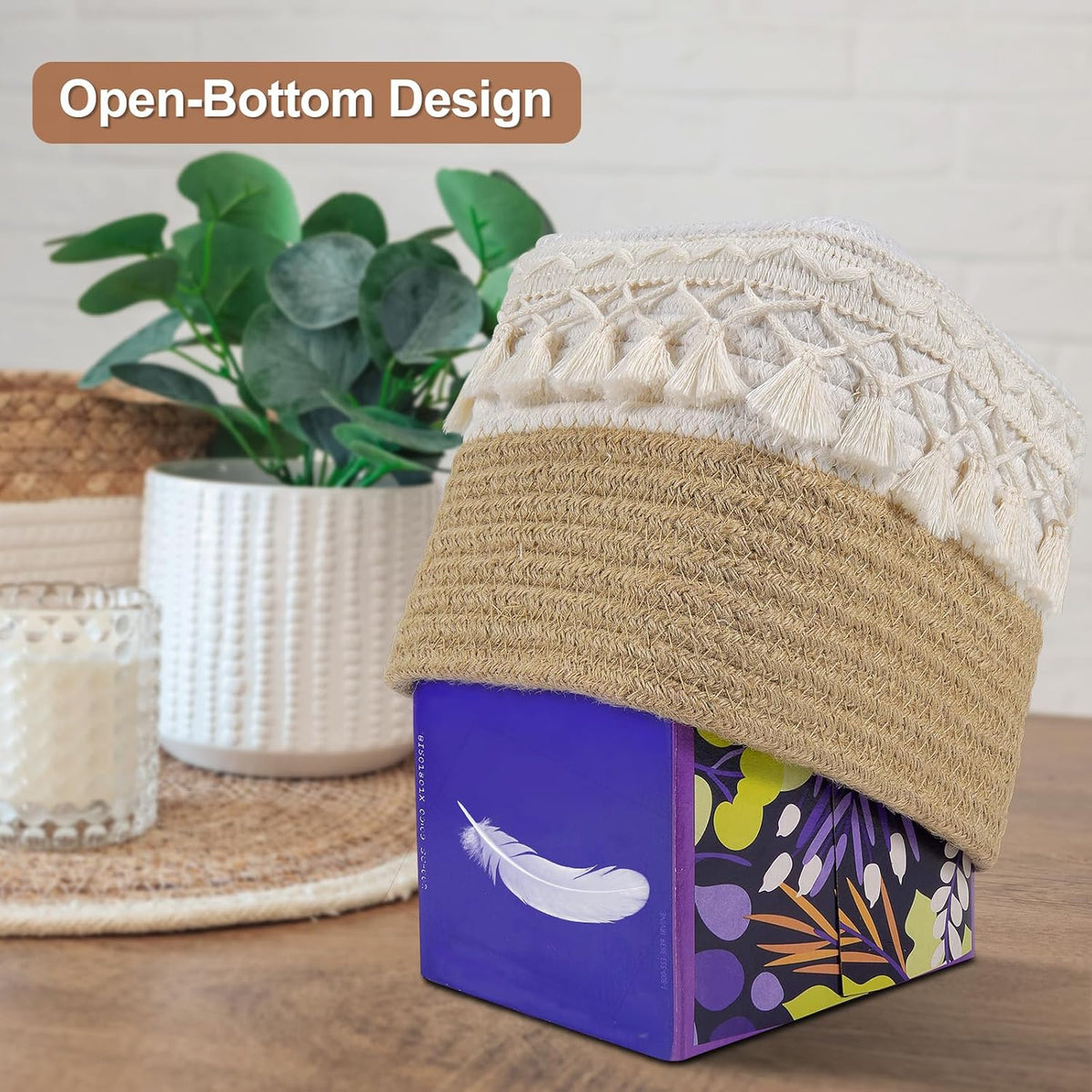 Boho Tissue Box Cover: Natural Handwoven Square Cover for Bathroom