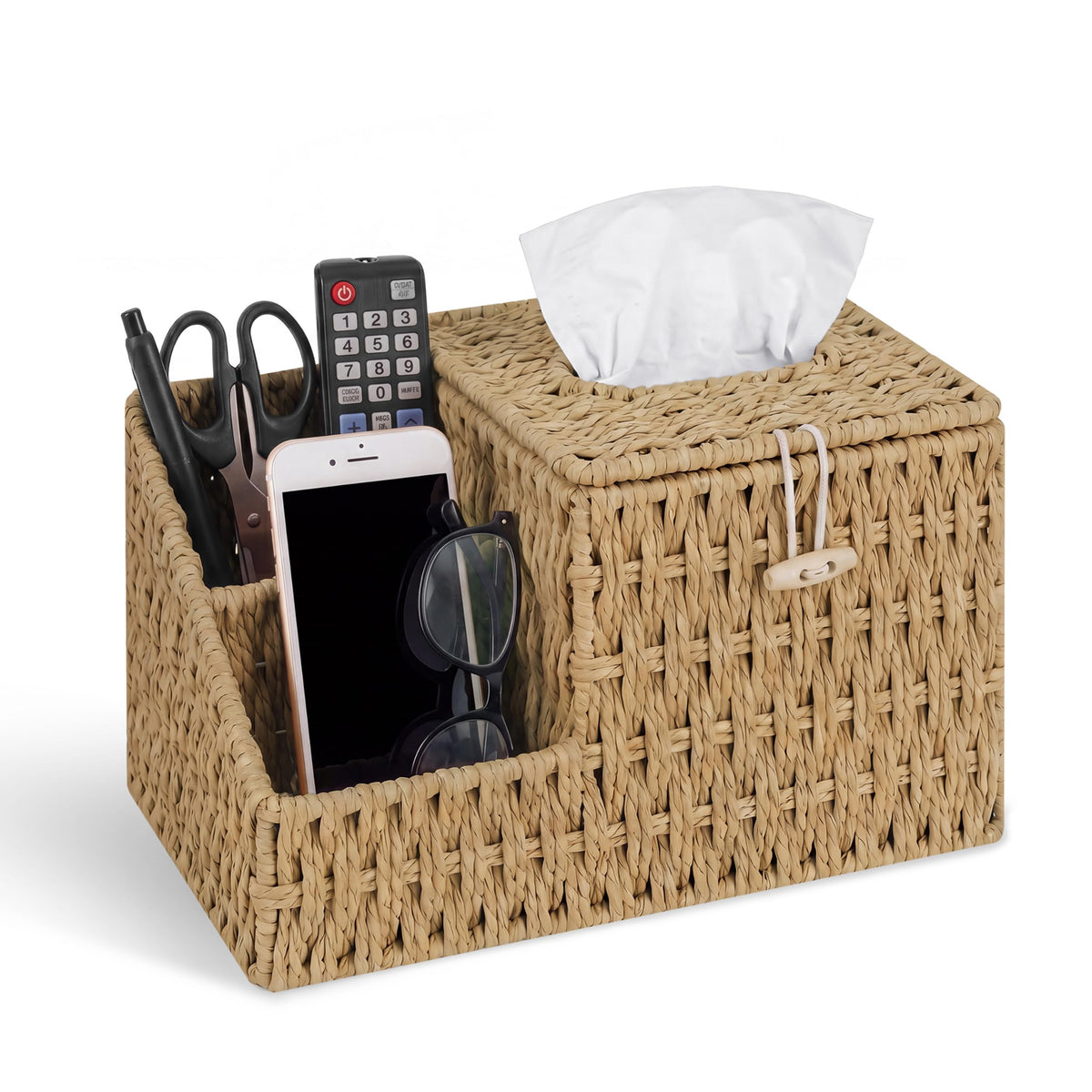 Tissue Box Cover with Storage, Water Hyacinth Square Tissue Box Holder