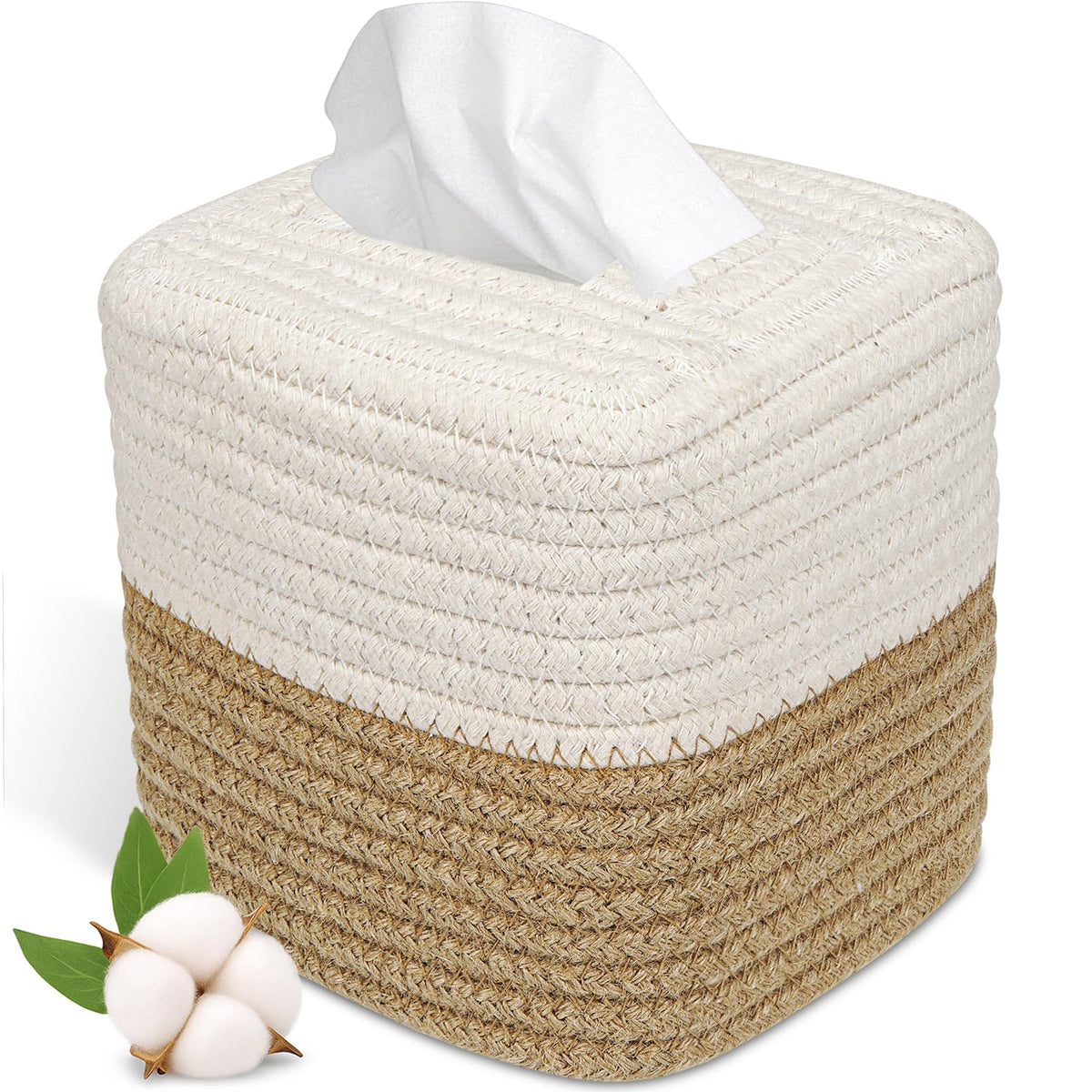 Boho Tissue Box Cover: Natural Handwoven Square Cover for Bathroom