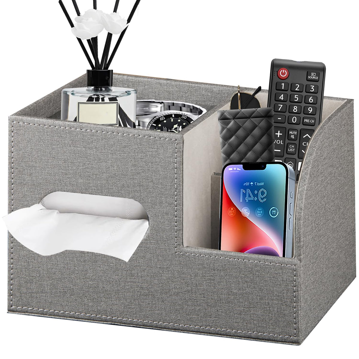 PU Leather Square Tissue Box Cover with Storage Tray,Cube Tissue Box Holder