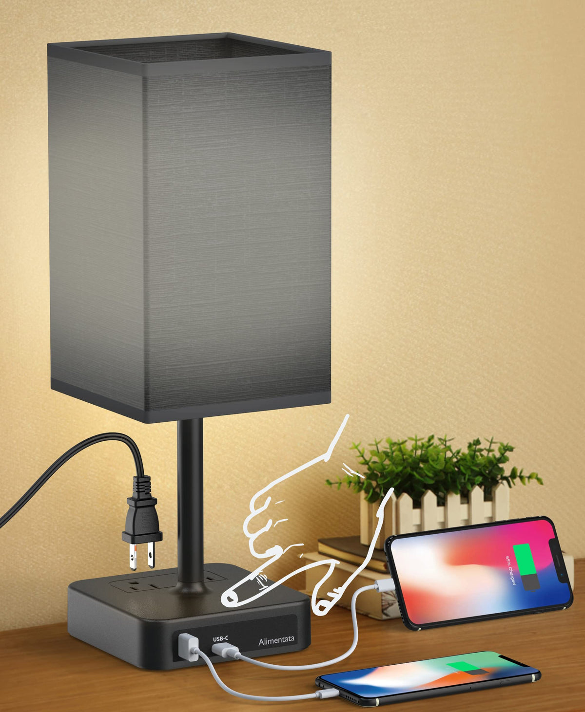 Bedside Table Lamp with Touch Control & USB C+A Charging Ports LED Desk Lamp with 2 AC Outlets, Minimalist Nightstand Light with Black Fabric Shade for Bedroom, Living Room, Office, White