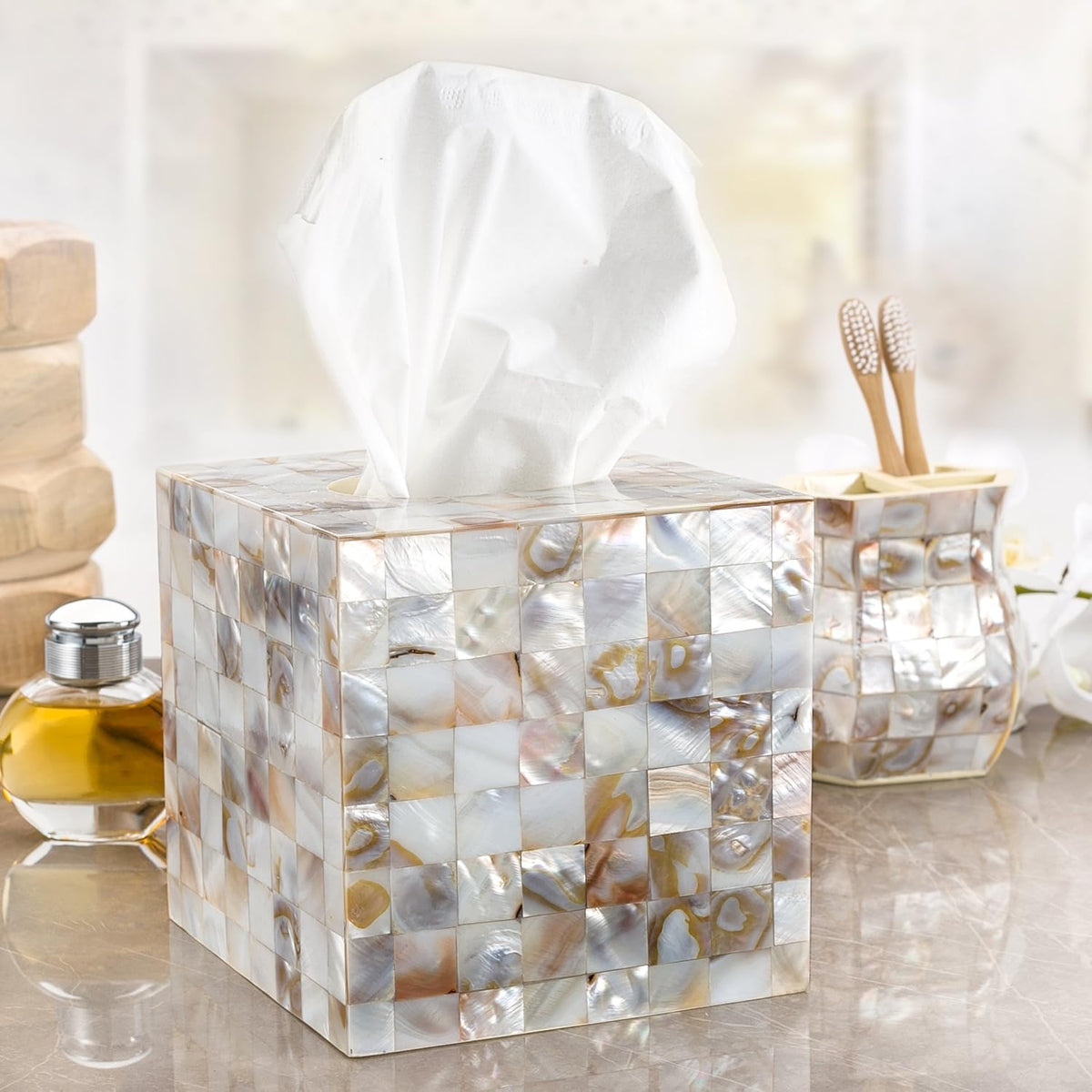 Milano Mother of Pearl Square Resin Tissue Box Cover with Bottom Slider
