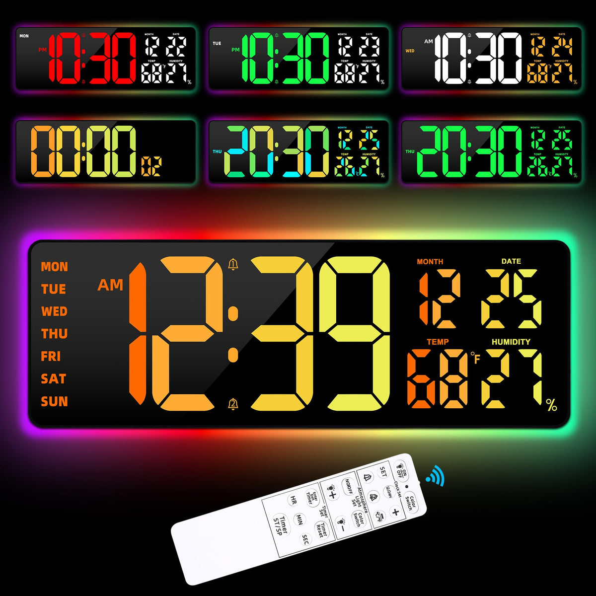 17.2"Large Digital Wall Clock Large Display with Remote Control 180°Visible