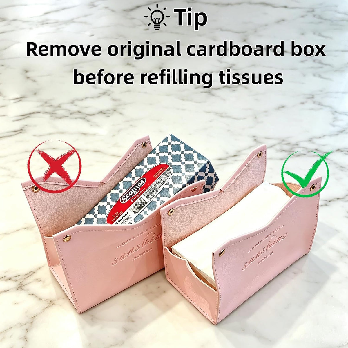 Tissue Box Cover Rectangle, Premium PU Leather Minimalist Tissue Holder with Snap Closure, Modern Decorative Tissue Dispenser for Bathroom Vanity, Bedroom Nightstand, Living Room & Office (Pink)
