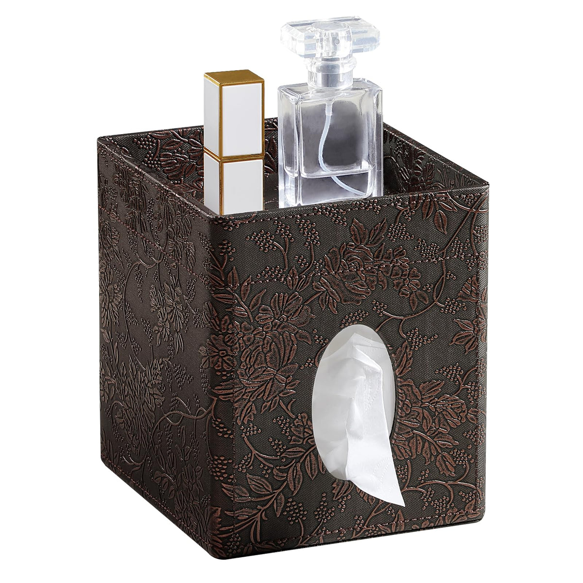 Square Tissue Box Cover, Stylish Leather Tissue Box Holder with Magnetic Bottom, Used As A Decorative Tissue Holder for Living Rooms, Bedrooms, and Desks (Brown Grape Pattern)