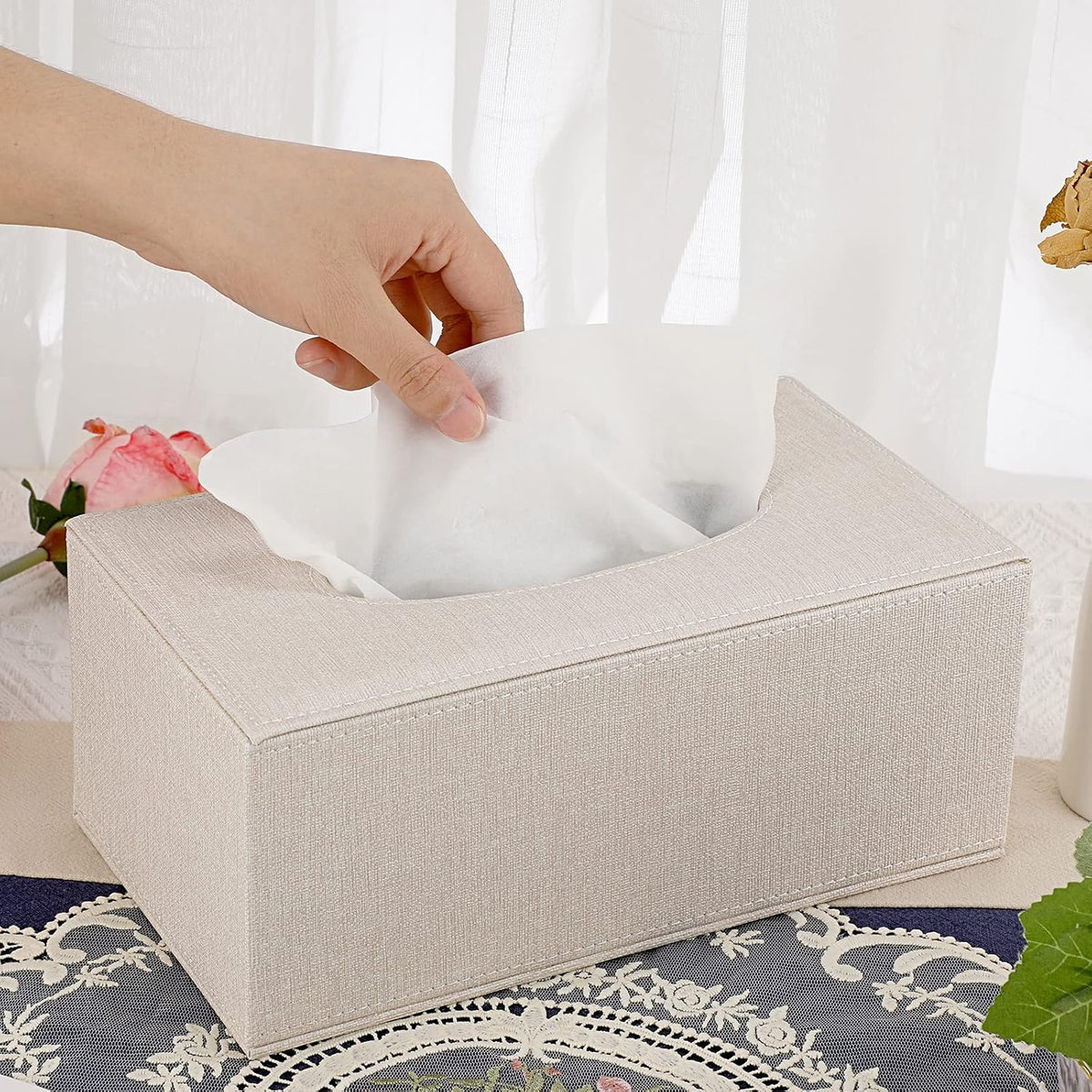 Sumnacon Tissue Box Cover Rectangle Linen Tissue Box Holder，Magnetic Bottom