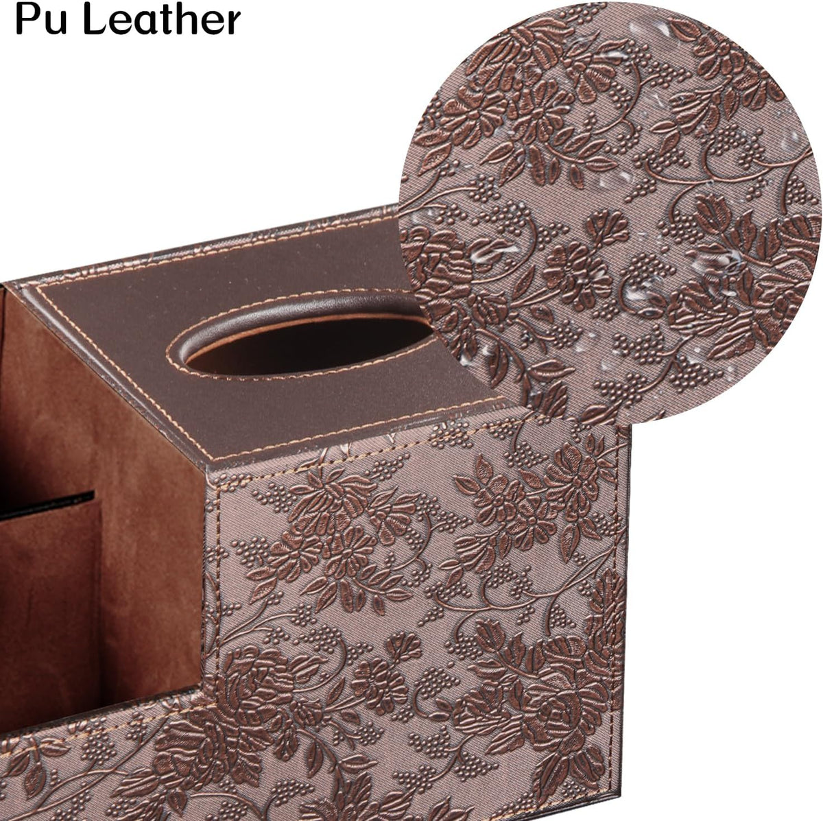 Square Tissue Box Cover with Storage, PU Leather Facial Cube Tissue Holder