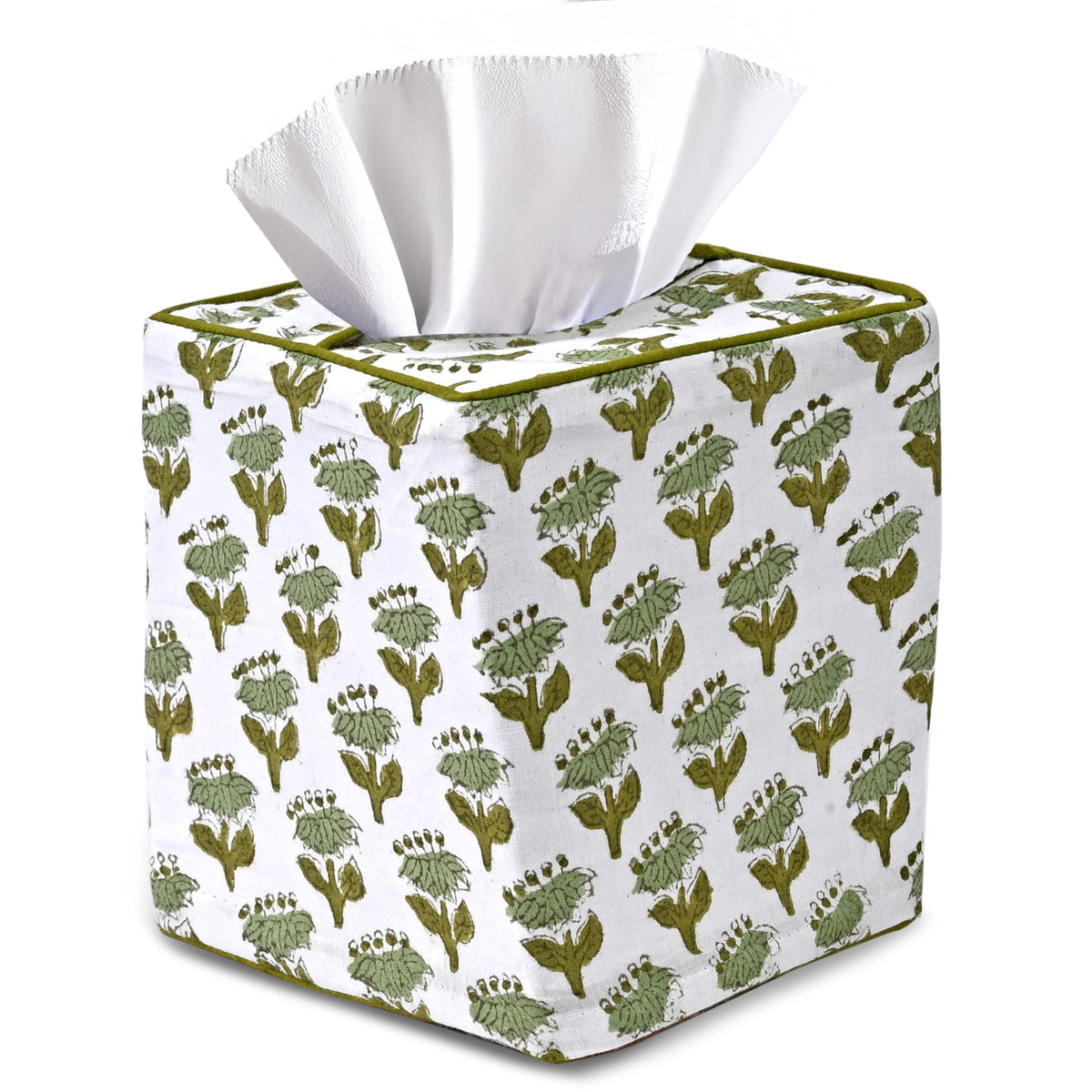 CPC Agate Green Block Print Square Tissue Box Cover 100% Cotton