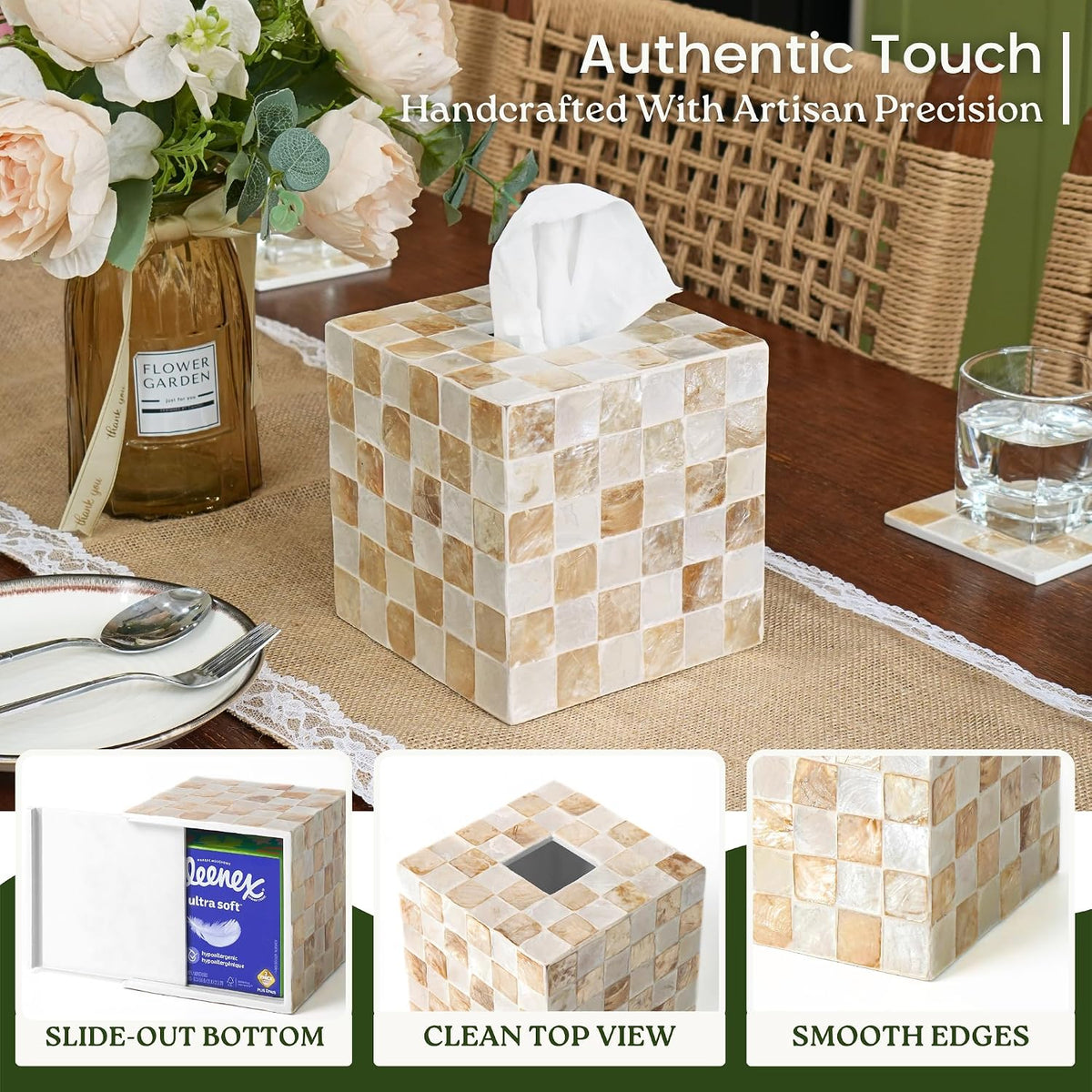 CHI AN HOME 5.5" Tissue Box Cover Square, Capiz Shell Tissue Holder, Ivory