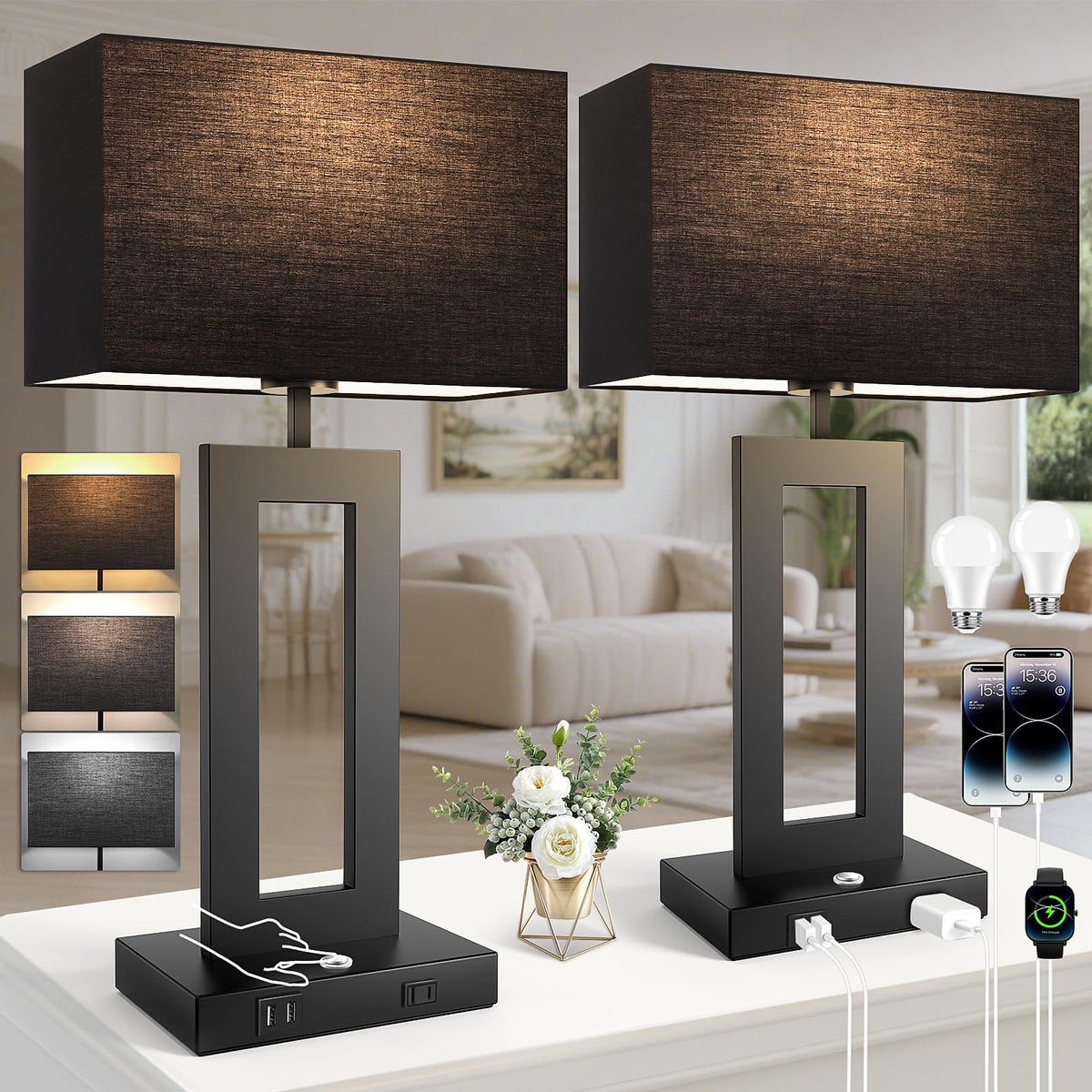 22’’ Touch Control Bedside Nightstand Lamps, Modern Table Lamps Set of 2