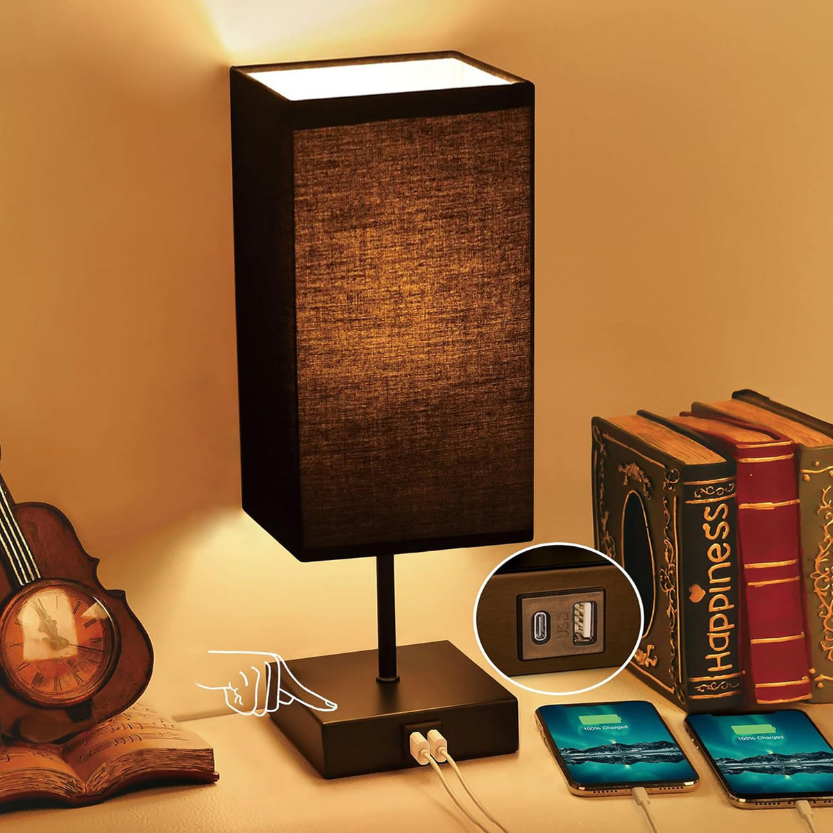 Bedside Table Lamp for Bedroom with 2 USB Ports, 14-Inch, Black