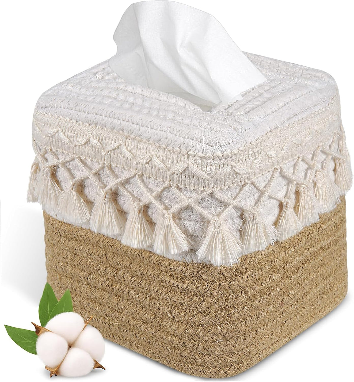 Boho Tissue Box Cover: Natural Handwoven Square Cover for Bathroom