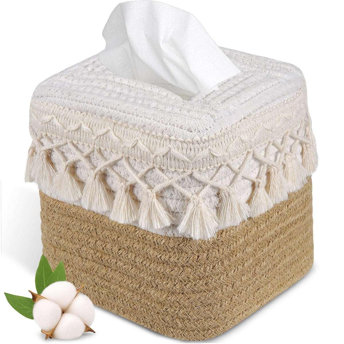 Boho Tissue Box Cover: Natural Handwoven Square Cover for Bathroom
