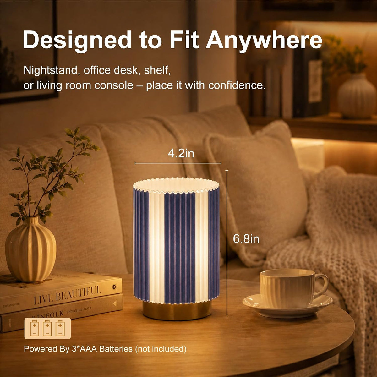 Battery Operated Lamp, Glass Cordless Table Lamp with Timer