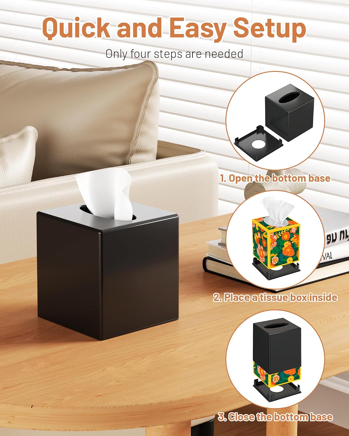Tissue Box Cover, Square Plastic Tissue Box Holder with Anti Slip Base, Modern Decor Facial Napkin Holder for Bathroom Vanity Countertop, Bedroom Dresser, Night Stand, Parlors, Offices, Black