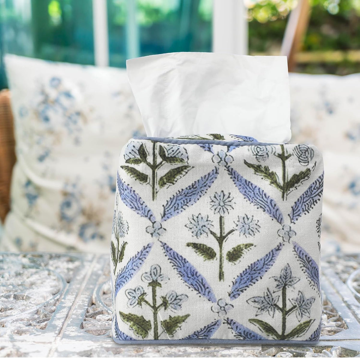Mimorou Fabric Tissue Box Cover Floral Print Tissue Box, Blue
