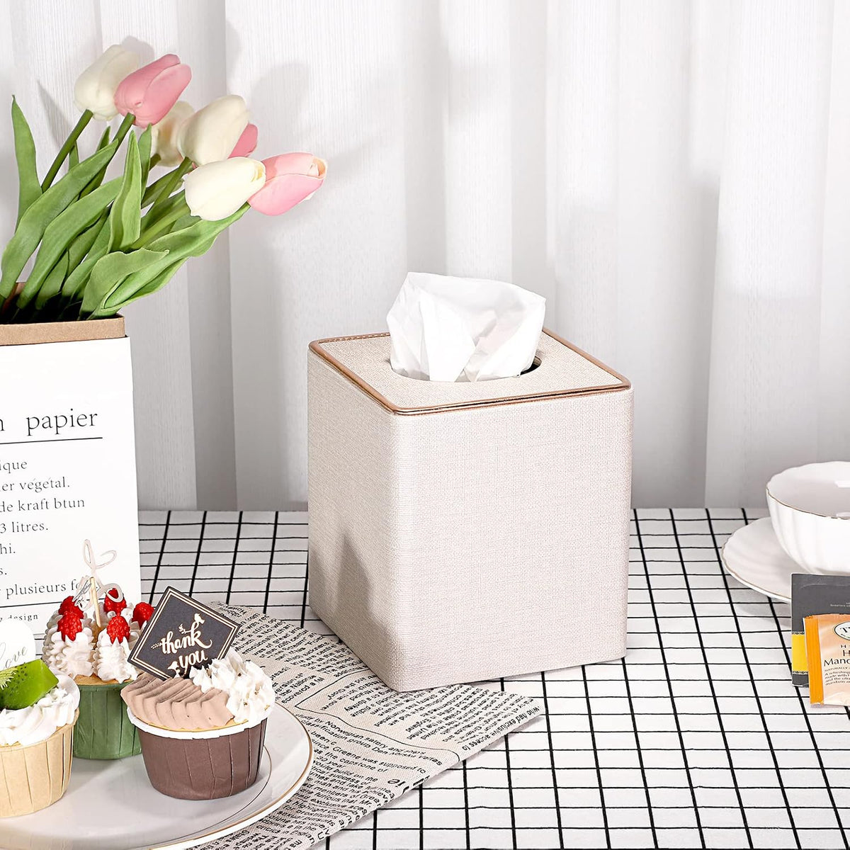 Sumnacon Square Linen Tissue Box Cover,Magnetic Bottom Tissue Box Holder