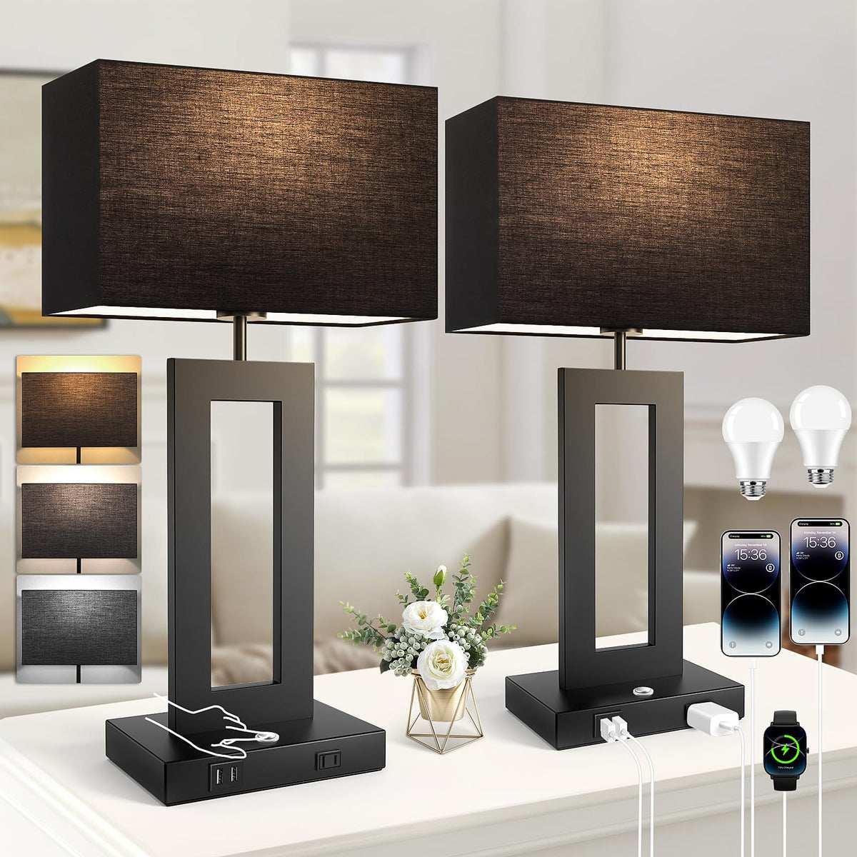 22’’ Touch Control Bedside Nightstand Lamps, Modern Table Lamps Set of 2