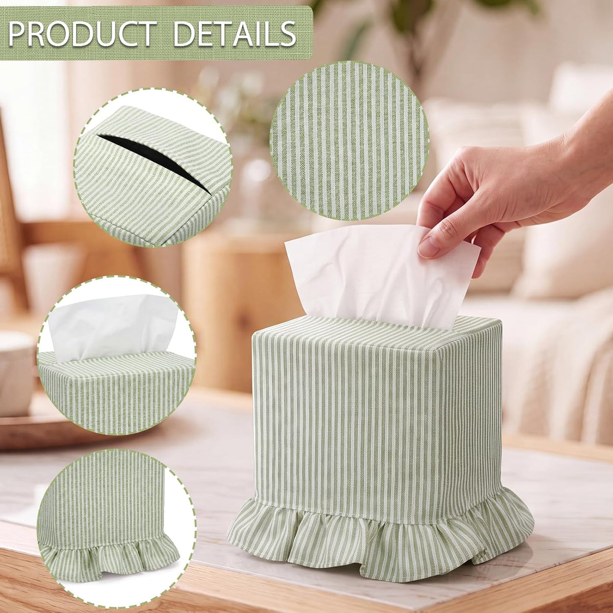 Sawysine Green Striped Fabric Tissue Box Cover, Square Ruffled Farmhouse