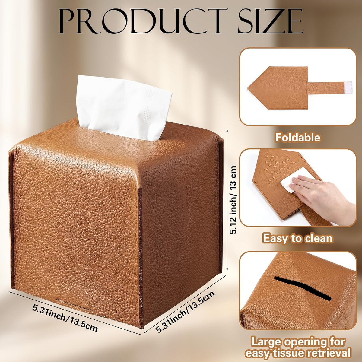 3 Pcs Tissue Box Cover Square PU Leather Tissue Box, Caramel Color