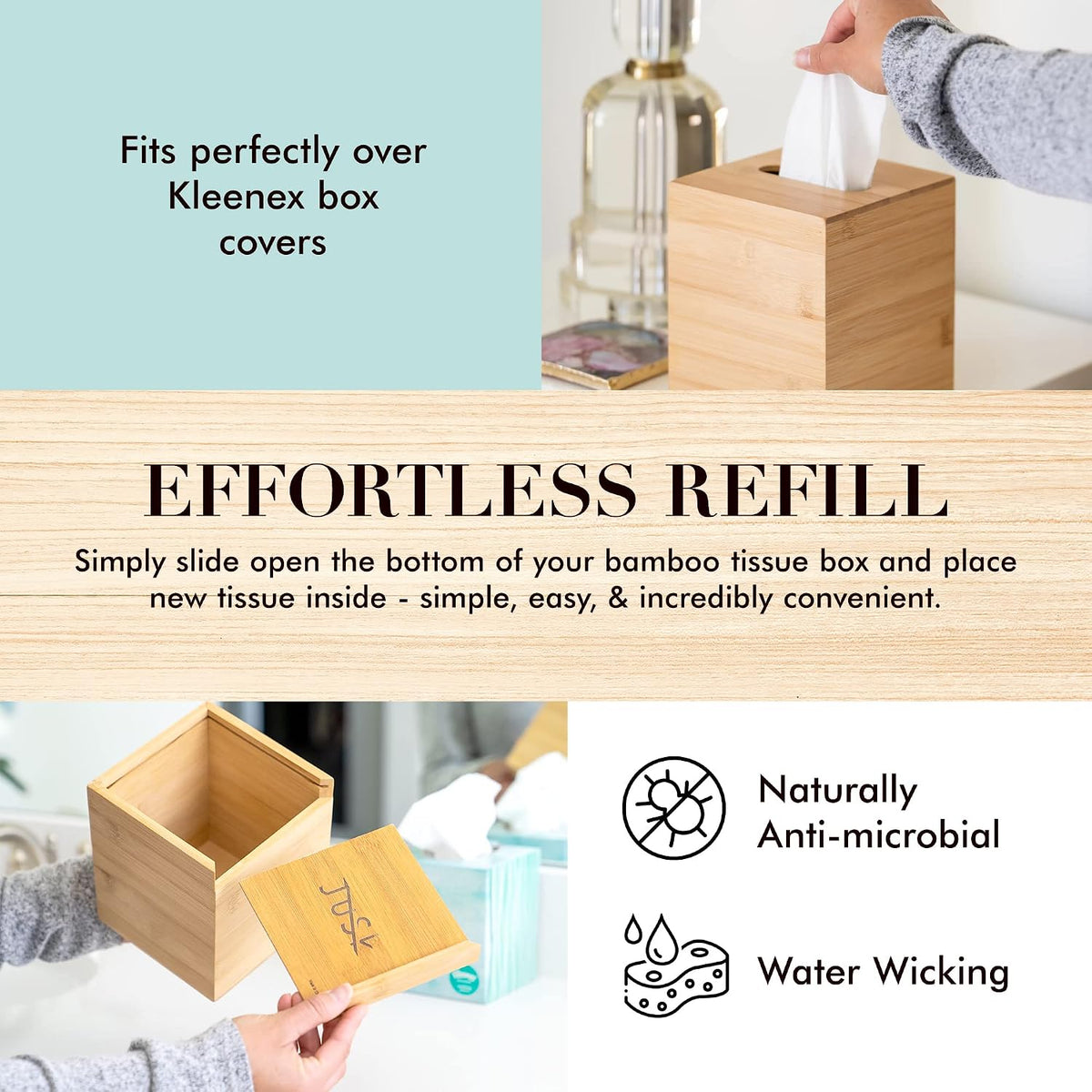 JUSK Design Tissue Box Holder - Modern, Minimalist, Durable Wooden Bamboo Box with Sliding Bottom, Easy-Refill - Premium-Quality Bamboo Cover, Square