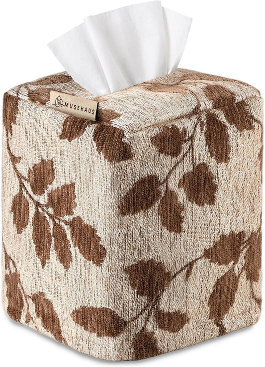 Chenille Tissue Box Cover - Vintage Farmhouse Decor, Brown Leaf