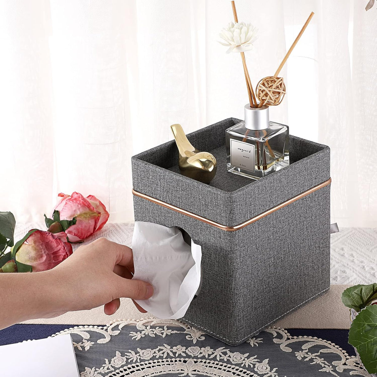 Sumnacon Linen Square Tissue Box Cover with Tray Tissue Box Holder,Grey