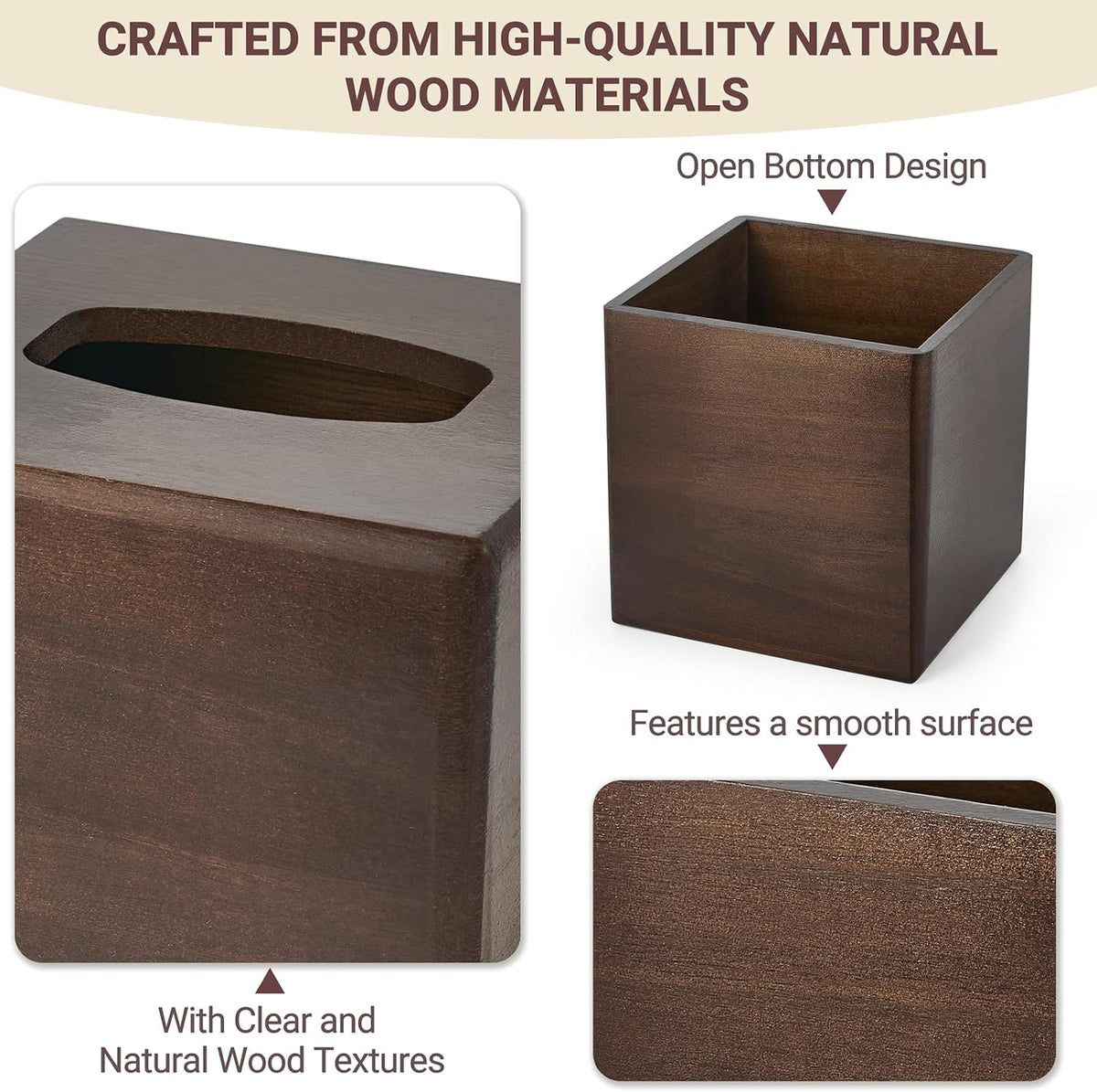 Mkono Tissue Box Cover Square, Rustic Wood Open-Bottom Holder, Dark Brown