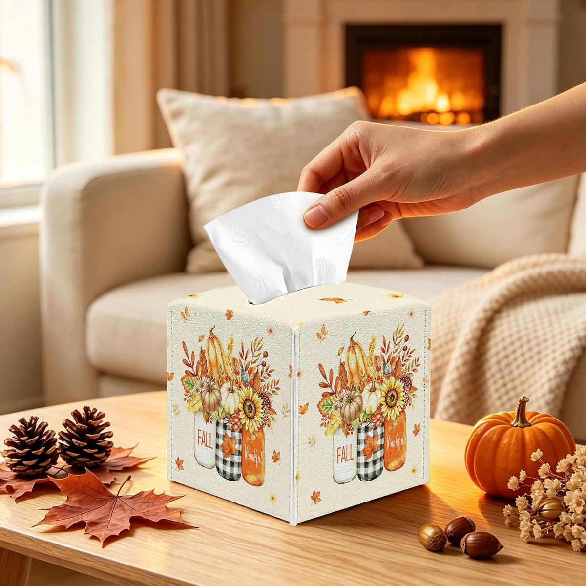 Fall Tissue Box Cover, Autumn Square Tissue Box Cover, PU Leather