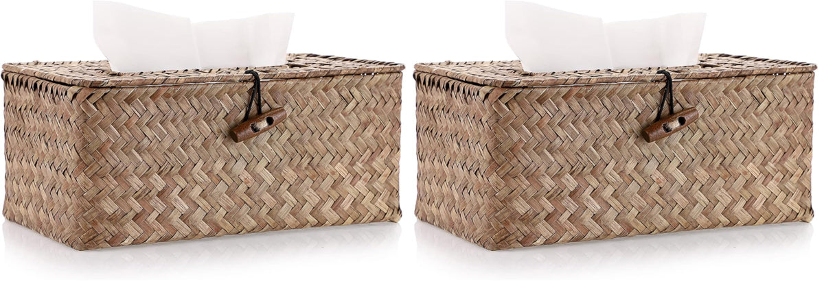Sumnacon Tissue Box Cover Rectangle Seagrass Woven Tissue Box Holder,Coffee