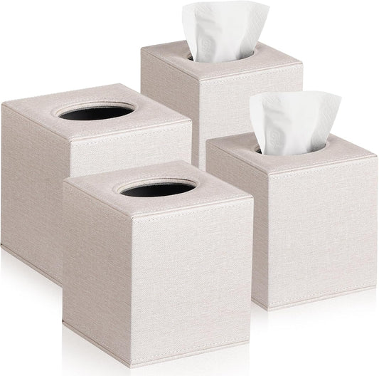 VZZNN 4 Pack Tissue Box Cover Square - Modern Cube Tissue Holder with Magnetic Base, Decorative Tissue Organizer for Bathroom Vanity, Dresser, Countertop, Bedroom, Office, and Car, Beige