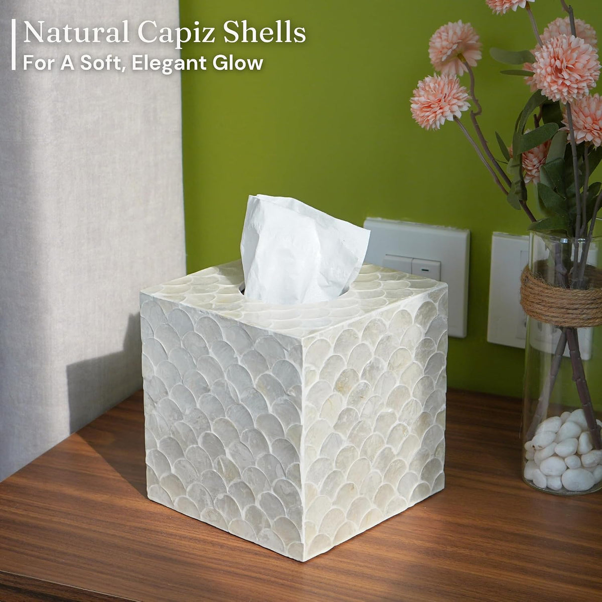 CHI AN HOME 5.5" Capiz Square Tissue Box Cover, Coastal Tissue Box Holder