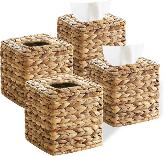 4 Pack Wicker Tissue Box Cover Square, Rattan Woven Tissue Box Holder