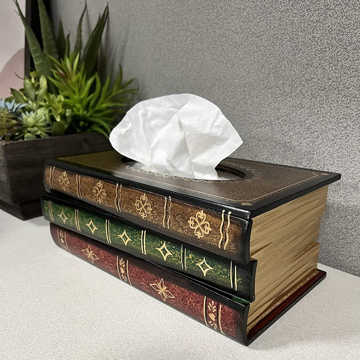 Retro Wooden Antique Book Tissue Box Cover Rectangular Home Library Decor