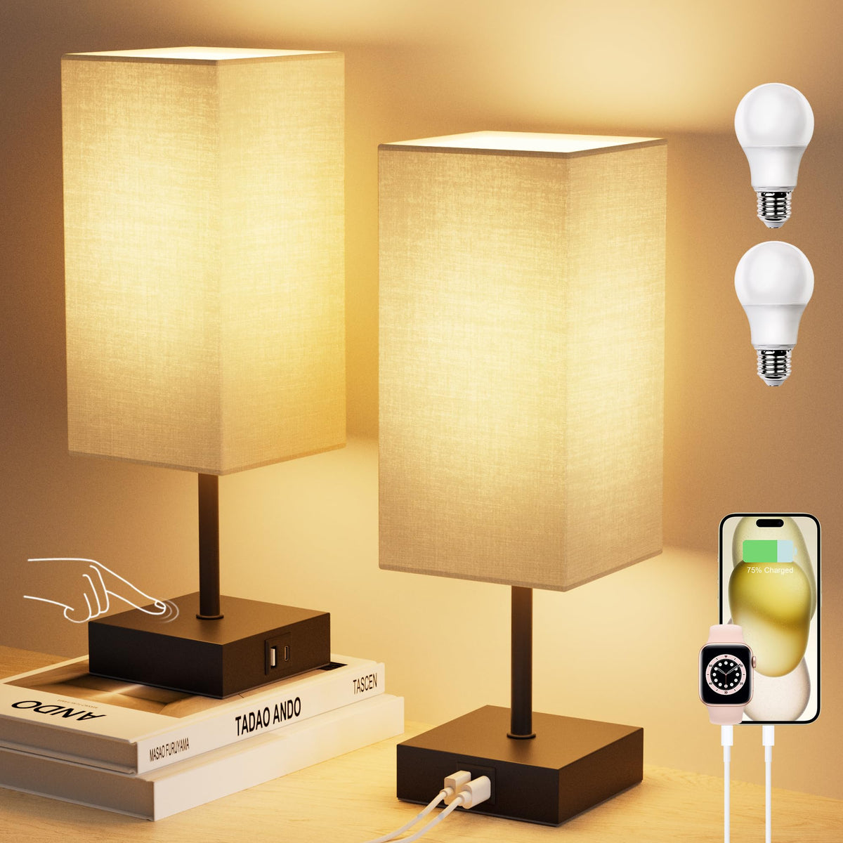 Bedside Table Lamp for Bedroom with 2 USB Ports, 14-Inch, Black