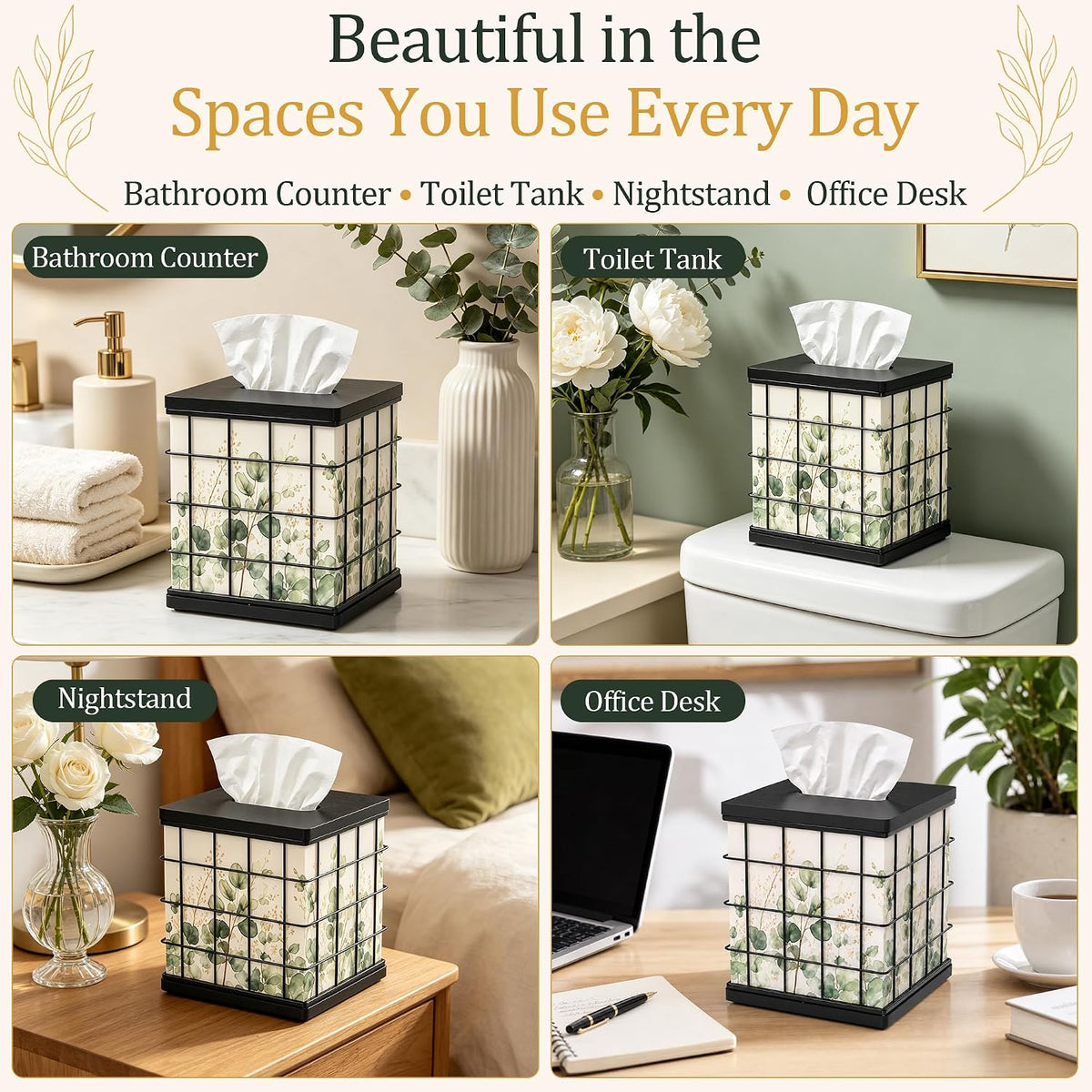 Tissue Box Cover Square Oak Wood & Metal, 4 Seasonal Panels Magnetic Bottom